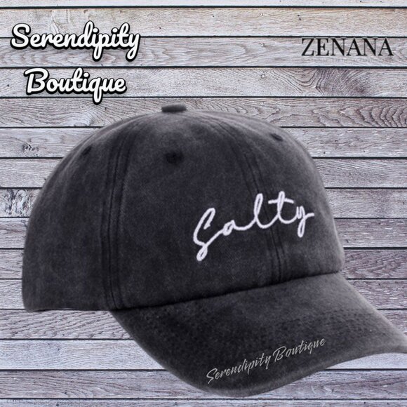 Zenana Outfitters Accessories - Zenana Salty Embroidered Black Mineral Wash Cotton Baseball Cap Hat